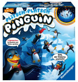 Schachtel von Plitsch Platsch Pinguin mit Comic-Pinguinen auf und um eine Eisscholle.