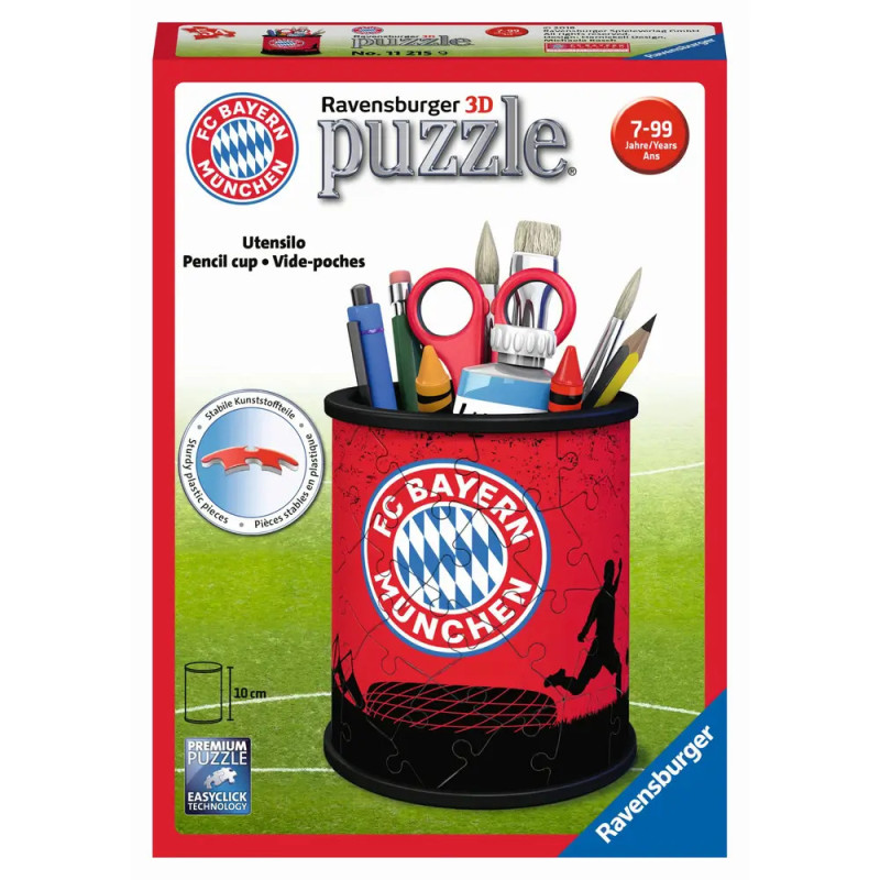 FC Bayern München 3D-Puzzle-Stiftehalter mit Vereinslogo und Abbildungen von Schreibtischzubehör auf der Verpackung. FC Bayern München 3D-Puzzle-Stiftehalter mit Vereinslogo und Abbildungen von Schreibtischzubehör auf der Verpackung.