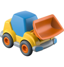 Bunter Spielzeug-Bulldozer mit blauem Führerhaus, gelbem Korpus und orangefarbener Frontschaufel.