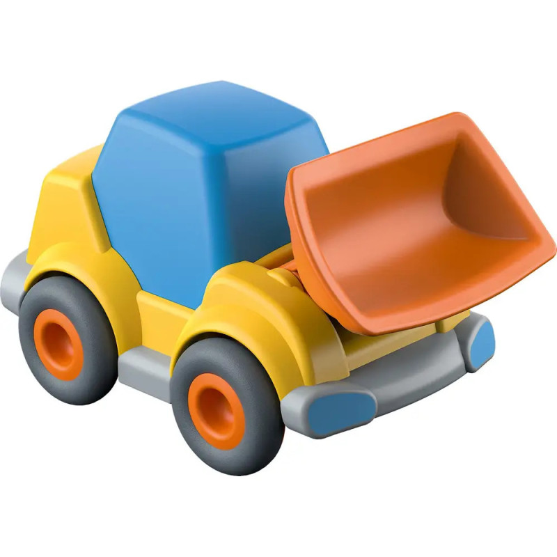 Bunter Spielzeug-Bulldozer mit blauem Führerhaus, gelbem Korpus und orangefarbener Frontschaufel. Bunter Spielzeug-Bulldozer mit blauem Führerhaus, gelbem Korpus und orangefarbener Frontschaufel.