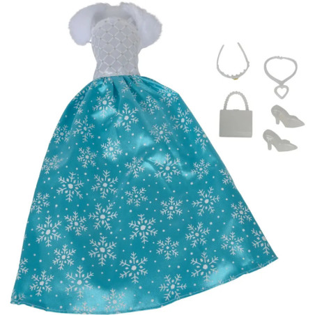 Blaues Schneeflockenkleid mit weißem Pelzbesatz, Halskette, Herzarmband, Tasche und High Heels für eine Puppe.