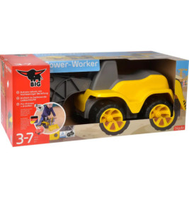 Gelbes Spielzeug-Baufahrzeug Power-Worker für Kinder von 3-7 Jahren, mit spielendem Kind auf der Verpackung.