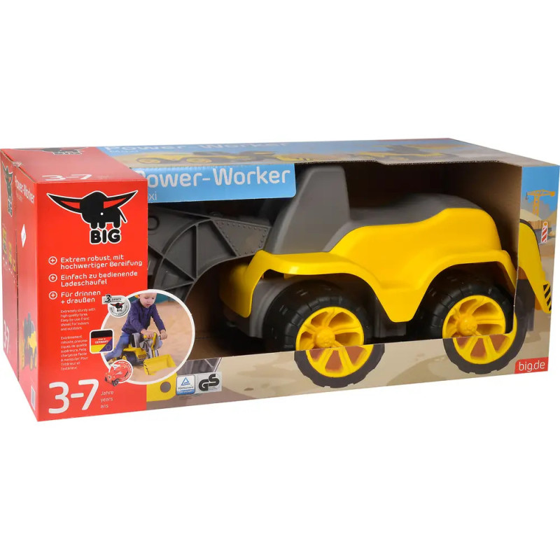 Gelbes Spielzeug-Baufahrzeug Power-Worker für Kinder von 3-7 Jahren, mit spielendem Kind auf der Verpackung. Gelbes Spielzeug-Baufahrzeug Power-Worker für Kinder von 3-7 Jahren, mit spielendem Kind auf der Verpackung.