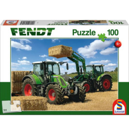 Zwei grüne Fendt-Traktoren auf einem Feld, einer hebt eine Heuballen. 100-teiliges Puzzle abgebildet.