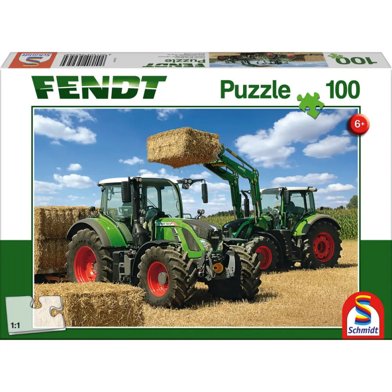 Zwei grüne Fendt-Traktoren auf einem Feld, einer hebt eine Heuballen. 100-teiliges Puzzle abgebildet.
