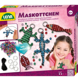 LENA Maskottchen Bastelset mit Perlen, Anhängern, Schnur und einem lächelnden Mädchen.
