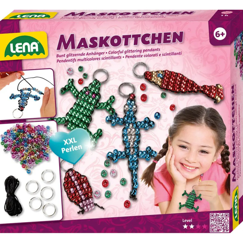 LENA Maskottchen Bastelset mit Perlen, Anhängern, Schnur und einem lächelnden Mädchen.