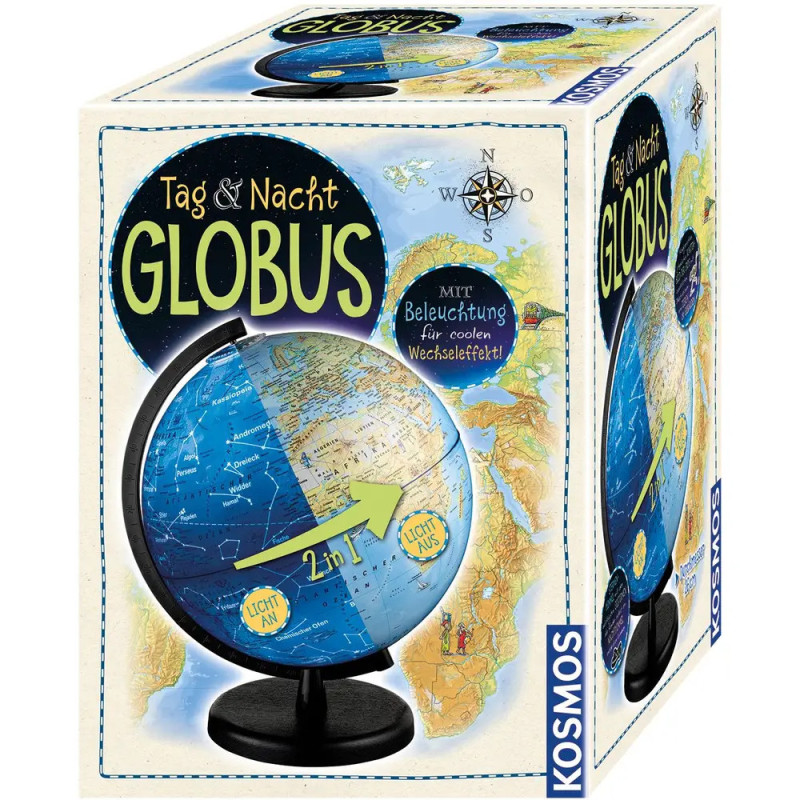 Verpackung eines Tag & Nacht Globus mit leuchtender Globus-Abbildung und deutscher Beschriftung. Verpackung eines Tag & Nacht Globus mit leuchtender Globus-Abbildung und deutscher Beschriftung.