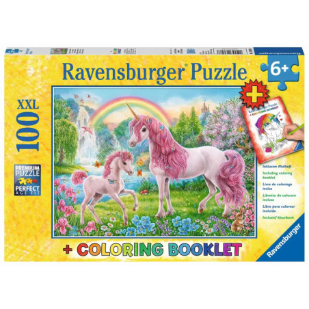Ravensburger Puzzle mit zwei Einhörnern, Regenbogen, Blumen, 100 Teilen und Malheft.