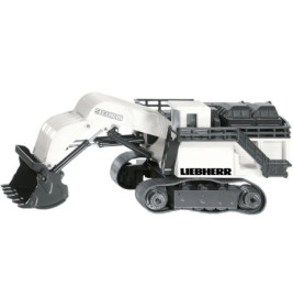 Weißes Liebherr-Bagger-Spielzeug mit großem Löffel und Kettenfahrwerk, seitlich abgebildet.