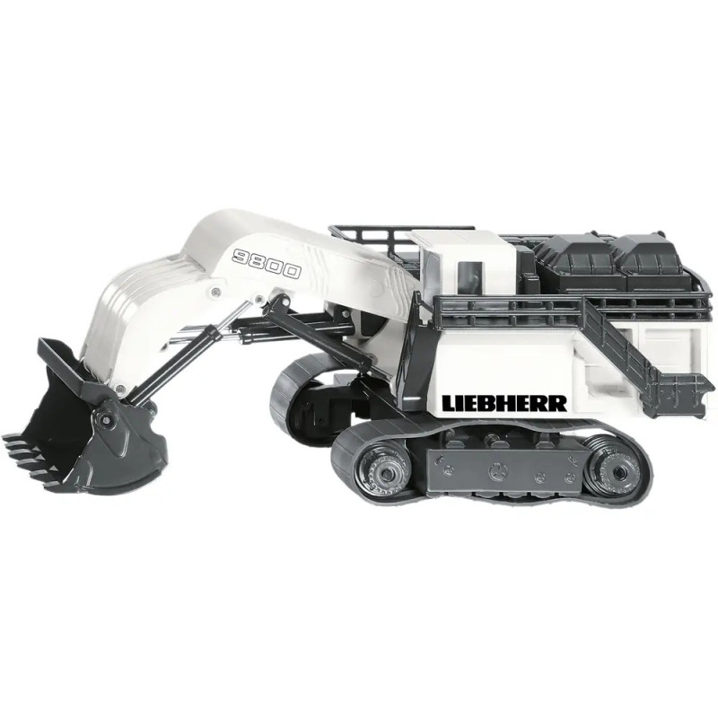 Weißes Liebherr-Bagger-Spielzeug mit großem Löffel und Kettenfahrwerk, seitlich abgebildet. Weißes Liebherr-Bagger-Spielzeug mit großem Löffel und Kettenfahrwerk, seitlich abgebildet.