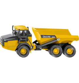 Spielzeugkipplaster in Gelb und Schwarz mit sechs Rädern und seitlichem DEERE 410E-Aufdruck.