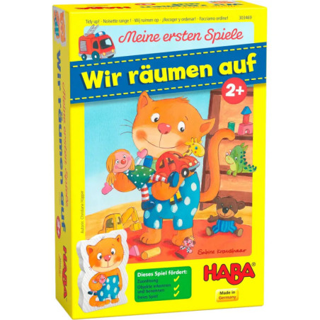HABA-Spiel Wir räumen auf: Box mit illustrierter Katze, die Spielzeug hält. Ab 2 Jahren geeignet. HABA-Spiel Wir räumen auf: Box mit illustrierter Katze, die Spielzeug hält. Ab 2 Jahren geeignet.