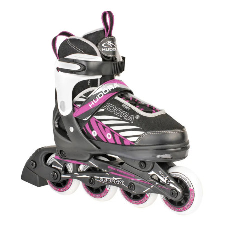 Schwarzer und lila Inline-Skate mit vier Rollen, verstellbaren Riemen und sportlichem Design. Schwarzer und lila Inline-Skate mit vier Rollen, verstellbaren Riemen und sportlichem Design.