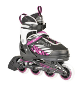 Schwarzer und pinker Inlineskate mit vier Rollen und verstellbaren Riemen für Sport und Freizeit.