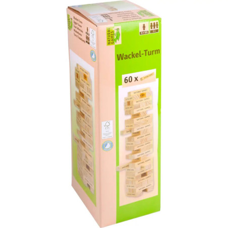 Wackel-Turm Spielbox mit Abbildung des Holz-Stapelspiels auf der Verpackung.