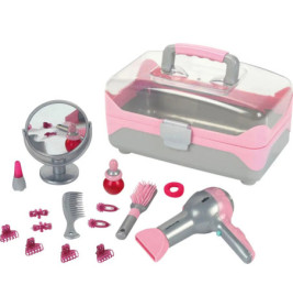 Spielzeug-Frisierset mit Spiegel, Kämmen, Föhn und Zubehör in rosa-grauer Tragetasche.