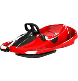 Roter und schwarzer Schneeschlitten mit Lenkrad und Sitzfläche, für eine Person konzipiert.
