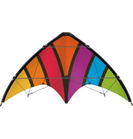 Ein bunter Lenkdrachen mit gelben, orangenen, roten, pinken, violetten, blauen und grünen Paneelen.