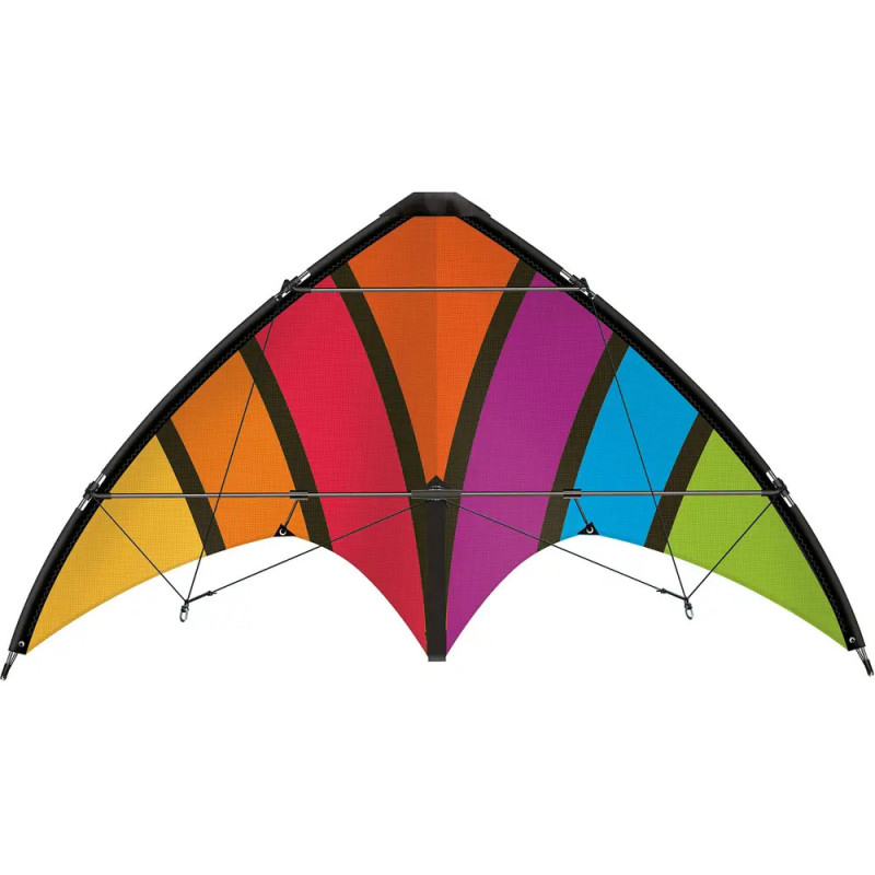 Ein bunter Lenkdrachen mit gelben, orangenen, roten, pinken, violetten, blauen und grünen Paneelen. Ein bunter Lenkdrachen mit gelben, orangenen, roten, pinken, violetten, blauen und grünen Paneelen.