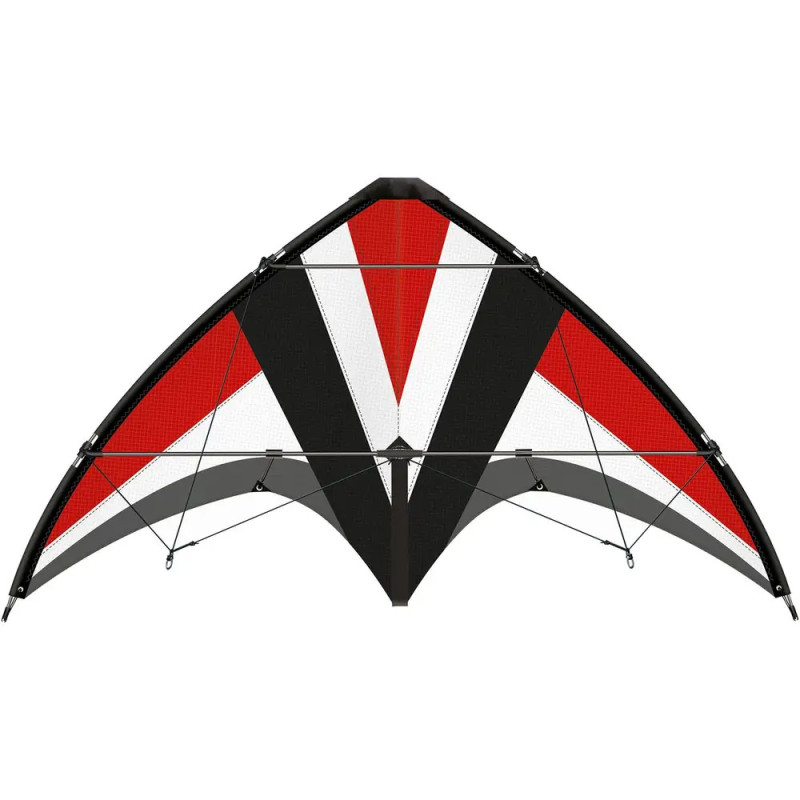 Ein rot-schwarz-weißer Lenkdrachen mit geometrischen Mustern vor weißem Hintergrund. Ein rot-schwarz-weißer Lenkdrachen mit geometrischen Mustern vor weißem Hintergrund.