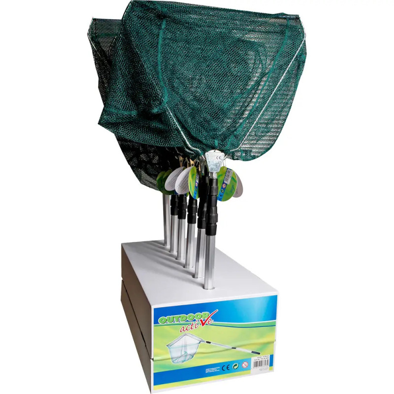 Fünf grüne Kescher mit Metallgriffen stehen aufrecht in einer weißen Box mit farbigem Etikett.