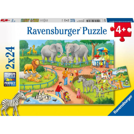 Ravensburger Puzzle ab 4 Jahren: Bunte Zoo-Szene mit Tieren und Menschen auf der Verpackung.