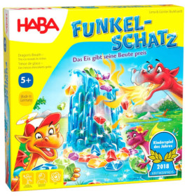Bunte Spielschachtel mit Drachen und Kristallen, Funkel-Schatz von HABA, ab 5 Jahren.
