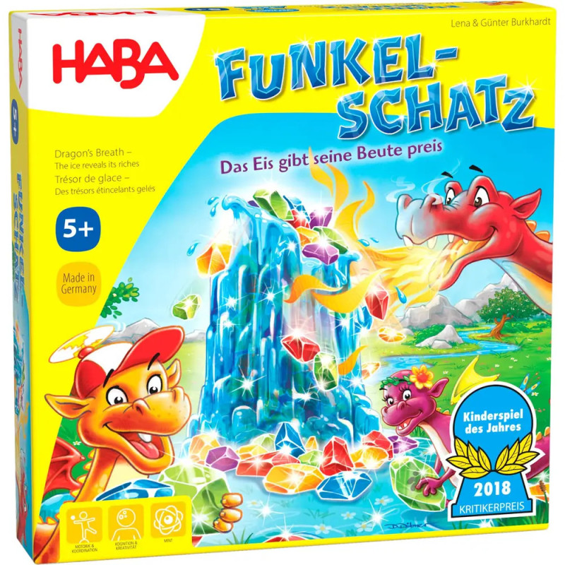 Bunte Spielschachtel mit Drachen und Kristallen, Funkel-Schatz von HABA, ab 5 Jahren.