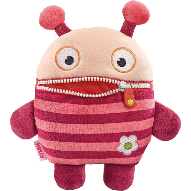 Plüschtier mit rosa Streifen, Fühlern, runden Augen, Reißverschlussmund und weißem Blütenpatch.