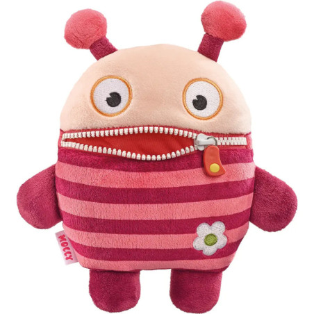 Plüschtier mit rosa Streifen, Fühlern, runden Augen, Reißverschlussmund und weißem Blütenpatch.