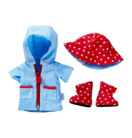 Blaue Regenjacke mit Kapuze, rotem Punktregenhut und passenden Stiefel für eine Puppe.