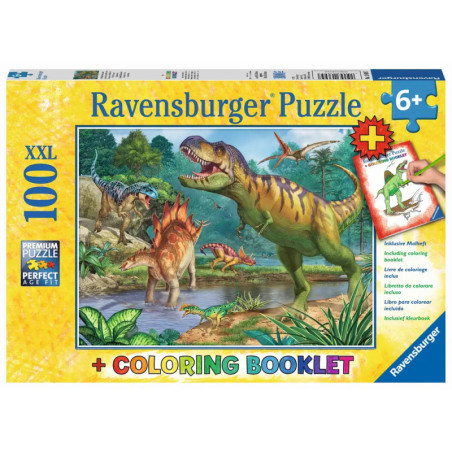Ravensburger Puzzle mit 100 Teilen: Bunte Dinosaurier am Teich, inkl. Ausmalheft. Ausmalheft.