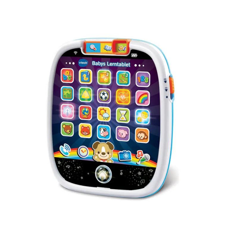 Buntes Babyspielzeug-Tablet mit Tier- und Formsymbolen auf dem Bildschirm, weißem Rahmen und blauem Rand. Buntes Babyspielzeug-Tablet mit Tier- und Formsymbolen auf dem Bildschirm, weißem Rahmen und blauem Rand.