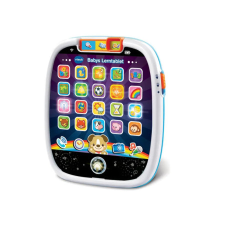 Buntes Babyspielzeug-Tablet mit Tier- und Formsymbolen auf dem Bildschirm, weißem Rahmen und blauem Rand.
