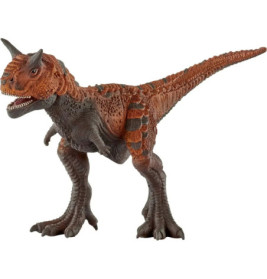 Spielzeugfigur eines braun-orangenen Dinosauriers mit Hörnerkopf und langem Schwanz, steht auf zwei Beinen.