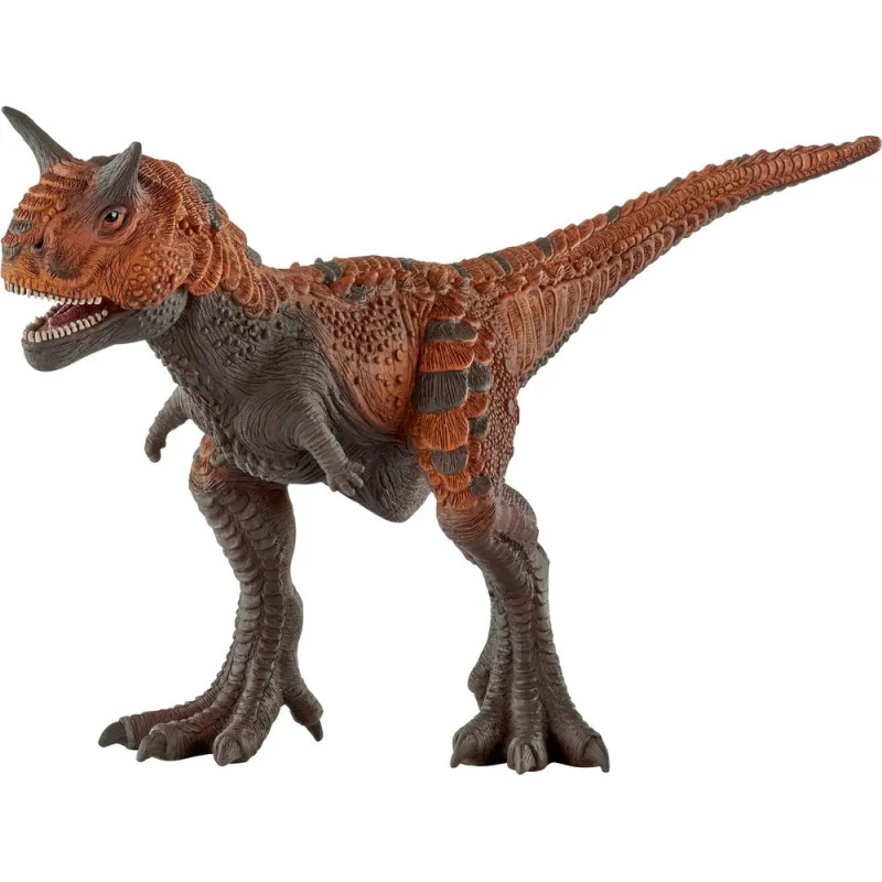 Spielzeugfigur eines braun-orangenen Dinosauriers mit Hörnerkopf und langem Schwanz, steht auf zwei Beinen. Spielzeugfigur eines braun-orangenen Dinosauriers mit Hörnerkopf und langem Schwanz, steht auf zwei Beinen.