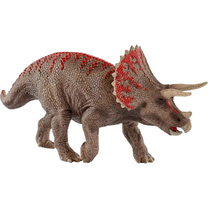 Braune Triceratops-Figur mit roten Markierungen auf Rücken und Nackenschild. Braune Triceratops-Figur mit roten Markierungen auf Rücken und Nackenschild.