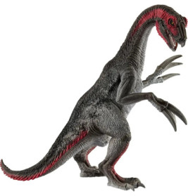 Graues Dinosaurierspielzeug mit roten Mustern, scharfen Krallen und offenem Maul, steht auf zwei Beinen.