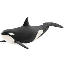 Schwarz-weiße Orca-Figur mit typischen Markierungen, freigestellt vor weißem Hintergrund.