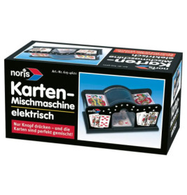 Verpackung eines Noris Kartenmischers mit Abbildungen des Geräts und von Spielkarten auf der Schachtel.