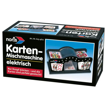 Verpackung eines Noris Kartenmischers mit Abbildungen des Geräts und von Spielkarten auf der Schachtel. Verpackung eines Noris Kartenmischers mit Abbildungen des Geräts und von Spielkarten auf der Schachtel.