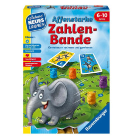 Gesellschaftsspiel Zahlen-Bande (6-10 Jahre) mit Elefant, bunten Spielfiguren und Karten auf der Verpackung.