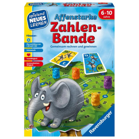Gesellschaftsspiel Zahlen-Bande (6-10 Jahre) mit Elefant, bunten Spielfiguren und Karten auf der Verpackung.