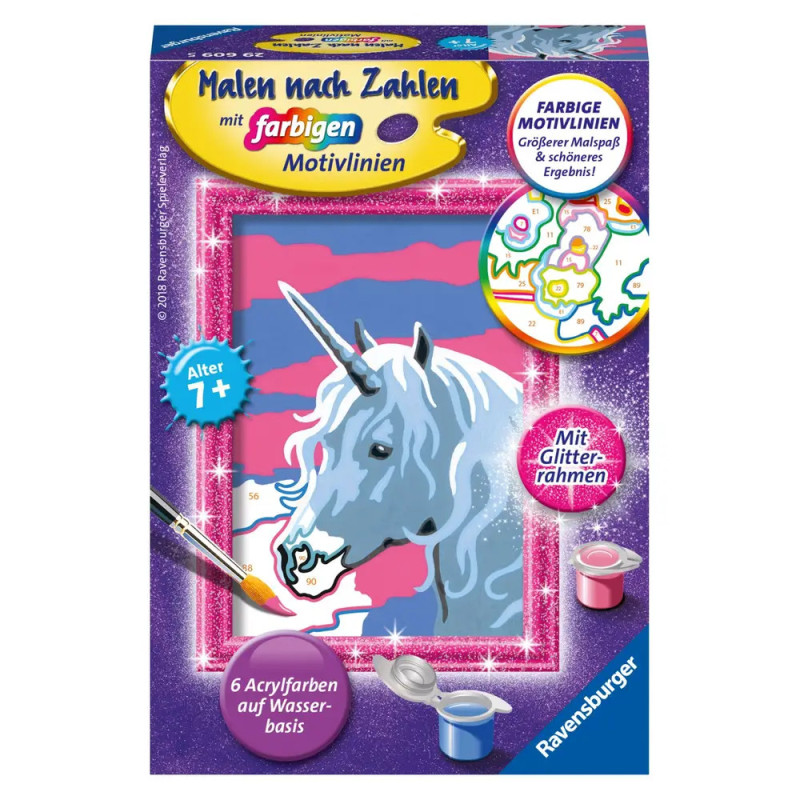 Malset mit Einhorn-Motiv, bunten Farben und Glitzerrand, geeignet ab 7 Jahren.