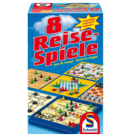 Schmidt Box für 8 Reise-Spiele zeigt mehrere Spielpläne und bunte Spielfiguren.