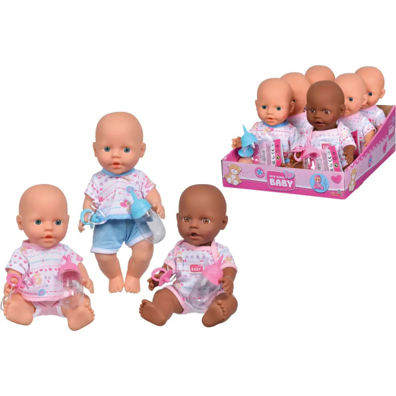 Vier Babypuppen mit Fläschchen und Schnullern sowie eine Box mit weiteren Puppen in passenden Outfits.