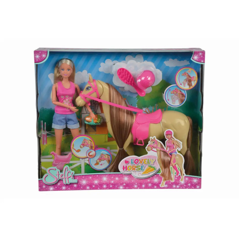 Blonde Puppe im pinken Oberteil mit Spielzeugpferd und Zubehör, verpackt in einer bunten Lovely Horse-Box.