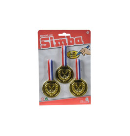 Drei goldene Spielzeugmedaillen mit rot-weiß-blauen Bändern in Simba-Verpackung.