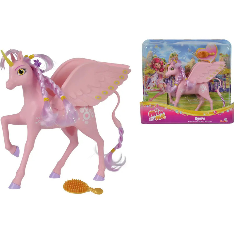 Rosa geflügeltes Pferde-Spielzeug mit Zopf, gelber Bürste und Verpackung mit farbenfrohen Fantasiemotiven. Rosa geflügeltes Pferde-Spielzeug mit Zopf, gelber Bürste und Verpackung mit farbenfrohen Fantasiemotiven.